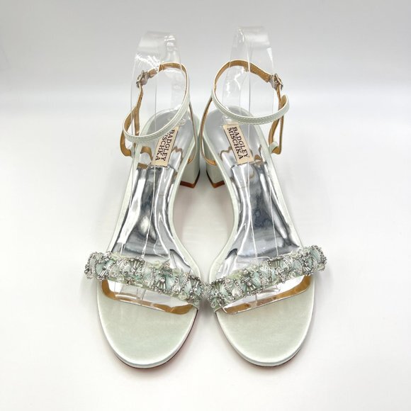 Badgley Mischka Size 8.5 Light Pastel Blue Green Satin Dress Sandals Heels Shoes - Picture 2 of 15